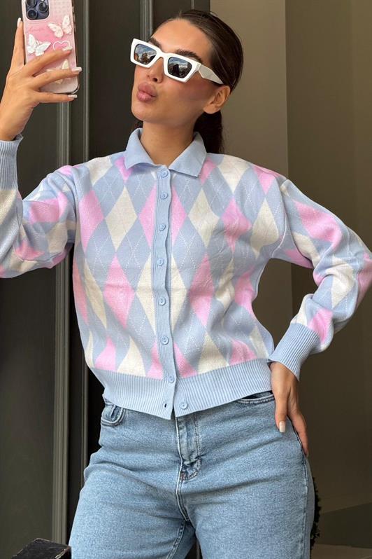 MDX Mavi Baklava Desenli Polo Yaka Kadın Hırka MG2478 - Aberdeen