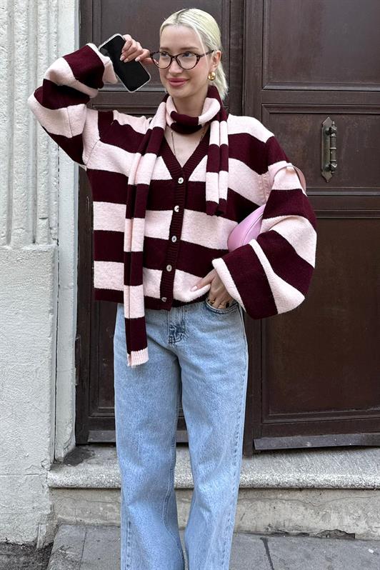 MDX Bordo Çizigli Atkılı Kadın Triko Hırka MG2588 - Towson