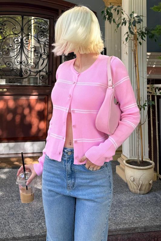 MDX Pembe Çizgili Kadın Triko Hırka MG2481 - Calimaya