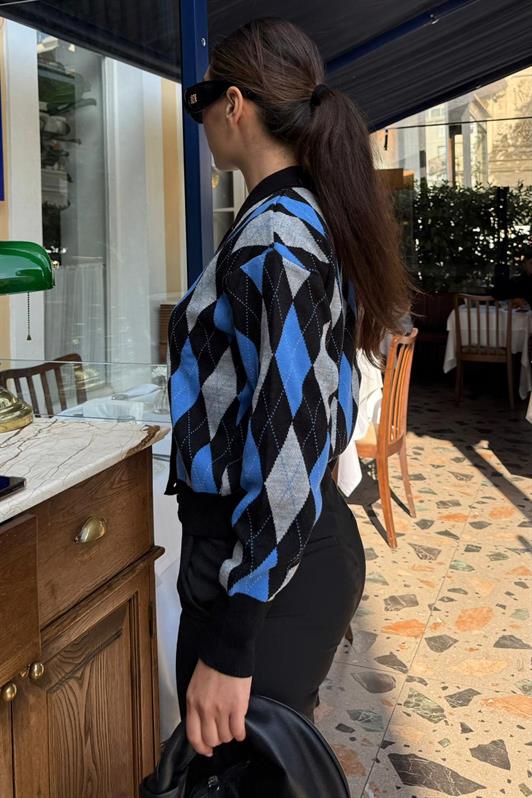 MDX Siyah Baklava Desenli Polo Yaka Kadın Hırka MG2478 - Torreón