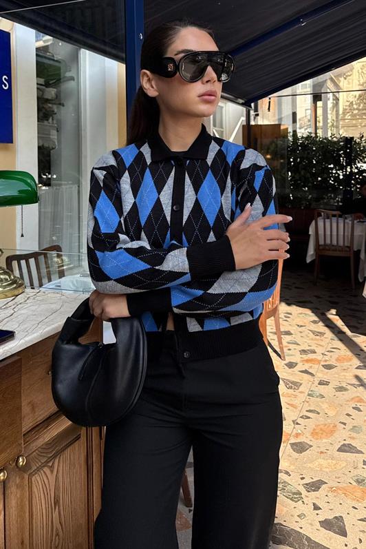 MDX Siyah Baklava Desenli Polo Yaka Kadın Hırka MG2478 - Torreón