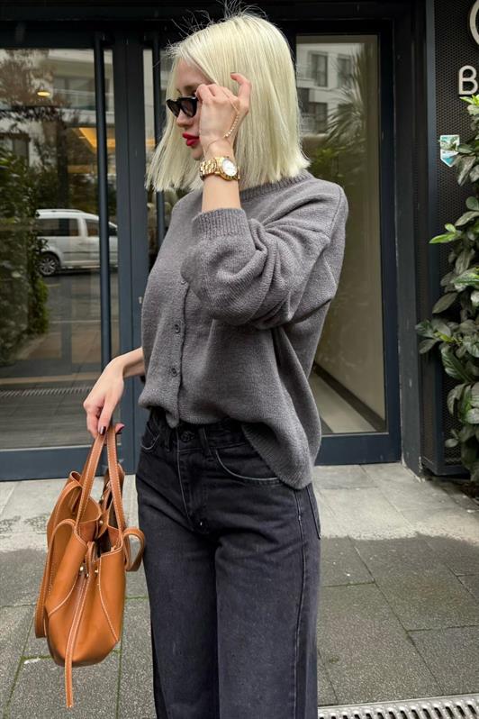 MDX Antrasit Rahat Kalıp Düğmeli Triko Kadın Hırka MG2552 - Ciudad Río Bravo