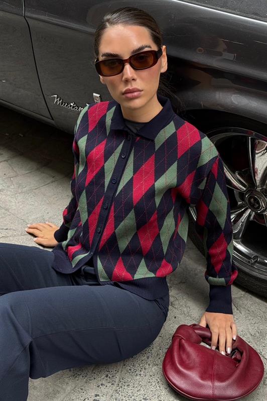 MDX Lacivert Baklava Desenli Polo Yaka Kadın Hırka MG2478 - Kamianske