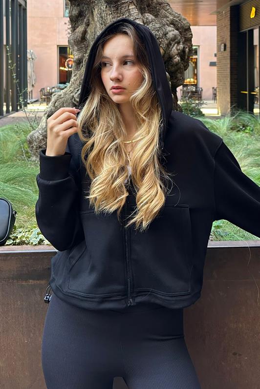 MDX Black Zippered Hooded Long Sleeve Short Cardigan MG2214 - Strasbourg