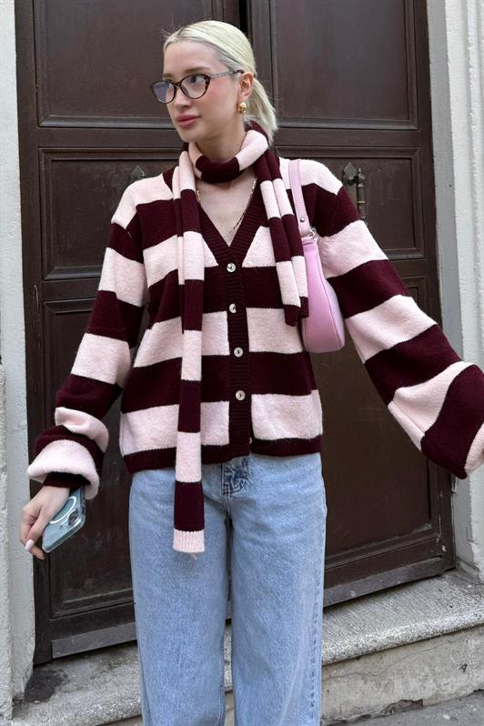 MDX Bordo Çizigli Atkılı Kadın Triko Hırka MG2588 - Towson