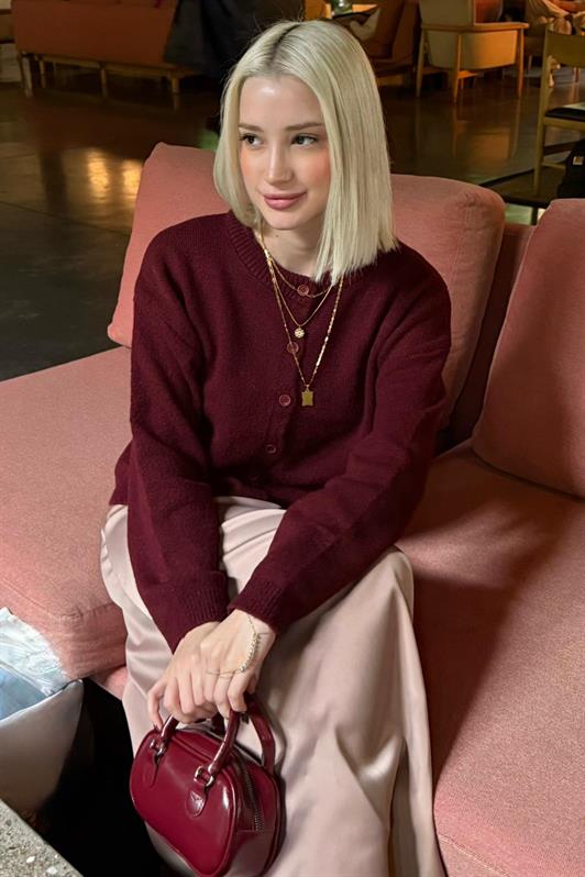 MDX Bordo Rahat Kalıp Düğmeli Triko Kadın Hırka MG2552 - Melun