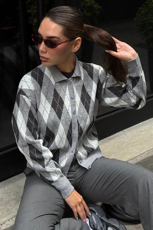 MDX Gri Baklava Desenli Polo Yaka Kadın Hırka MG2478 - Tultitlán de Mariano Escobedo