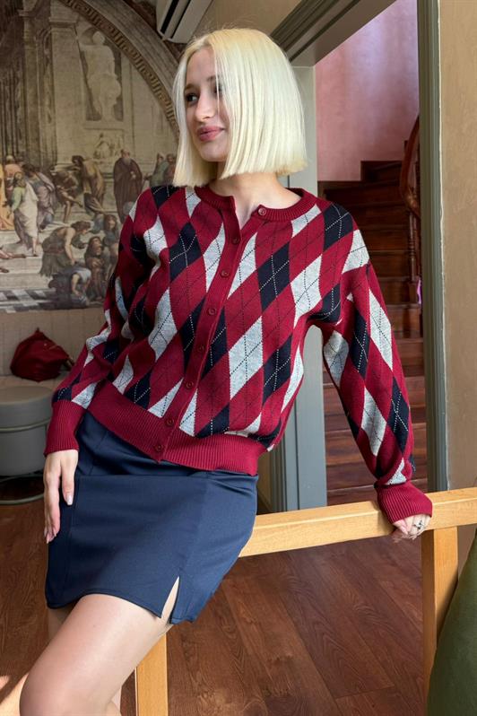 MDX Burgundy Baklava Patterned Bicycle Neck Women's Cardigan Mg2496 - Denver