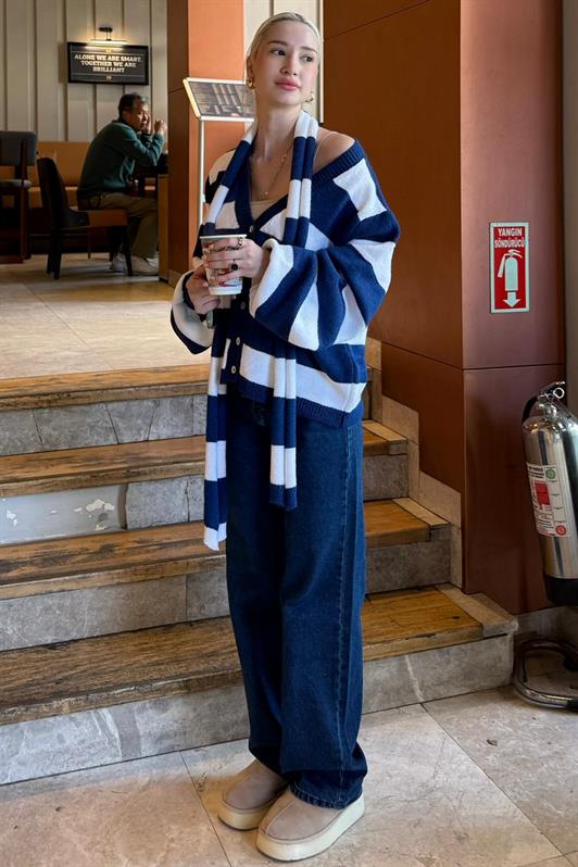 MDX Lacivert Çizigli Atkılı Kadın Triko Hırka MG2588 - San Felipe Orizatlán