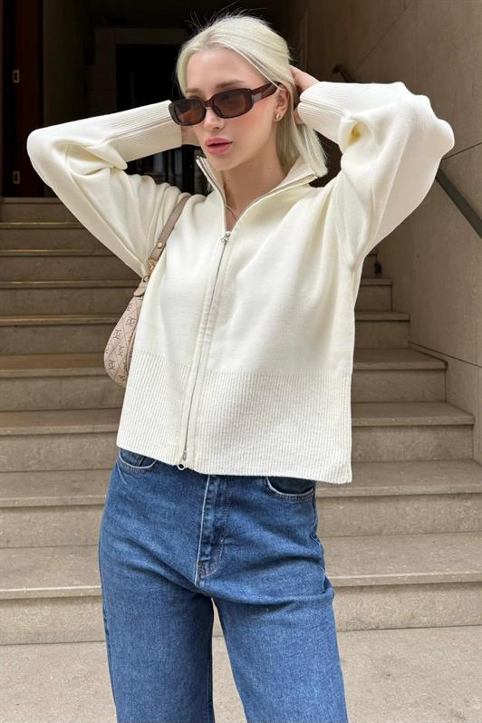 MDX Ekru Çift Fermuarlı Dik Yaka Kadın Triko Hırka MG2505 - Câmara de Lobos