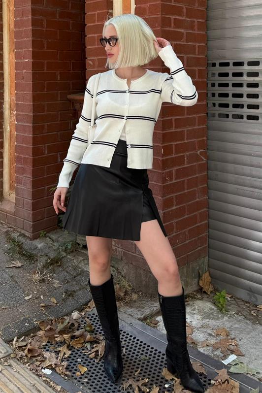 MDX Kemik Rengi Çizgili Kadın Triko Hırka MG2481 - Frosinone