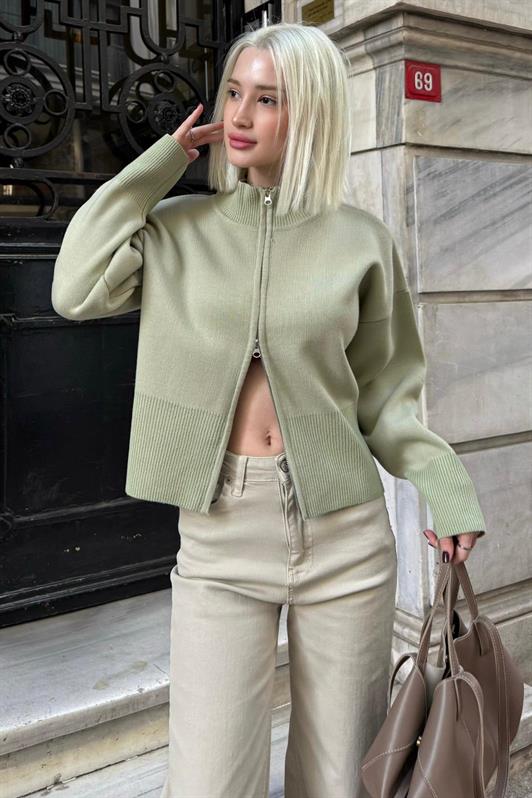 MDX Mint Yeşili Çift Fermuarlı Dik Yaka Kadın Triko Hırka MG2505 - Tapachula