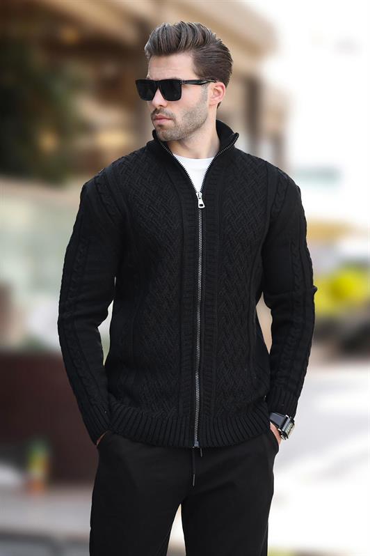 MDX Black High Neck Zippered Knitted Cardigan 7271 - Oleiros