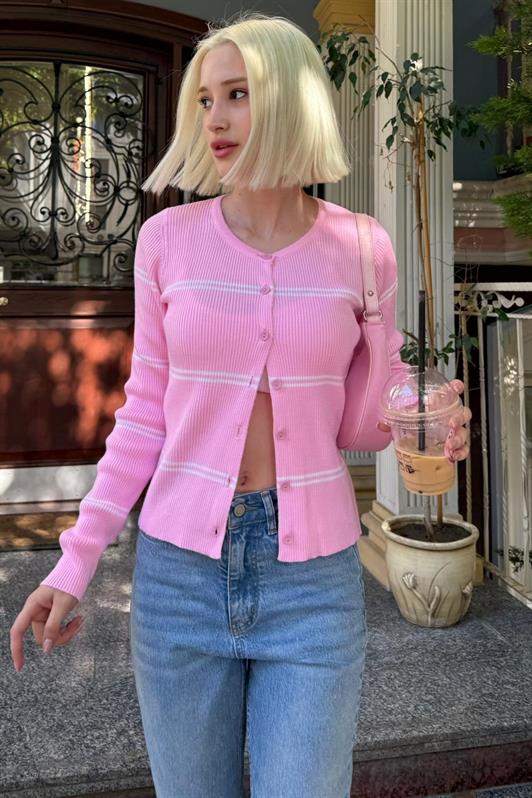 MDX Pembe Çizgili Kadın Triko Hırka MG2481 - Calimaya