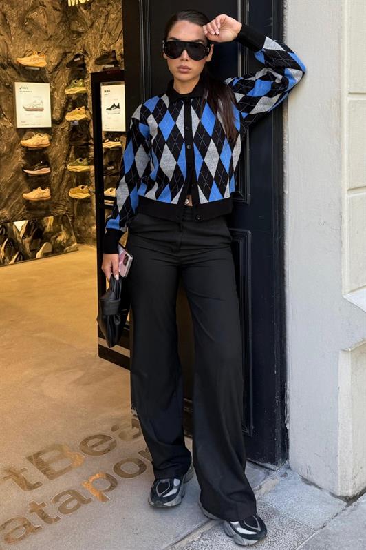 MDX Siyah Baklava Desenli Polo Yaka Kadın Hırka MG2478 - Torreón