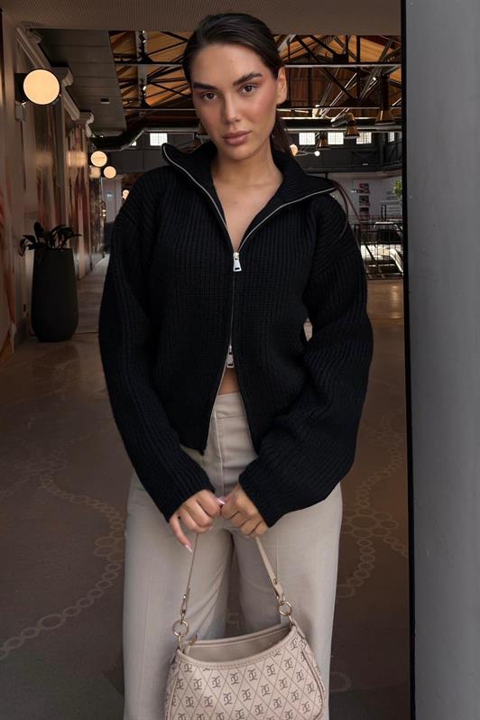 MDX Siyah Çift Fermuarlı Kadın Triko Hırka Mg2532 - Livry-Gargan