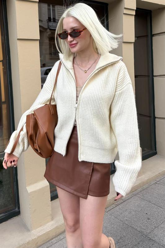 MDX Ekru Çift Fermuarlı Kadın Triko Hırka Mg2532 - Monterey Park