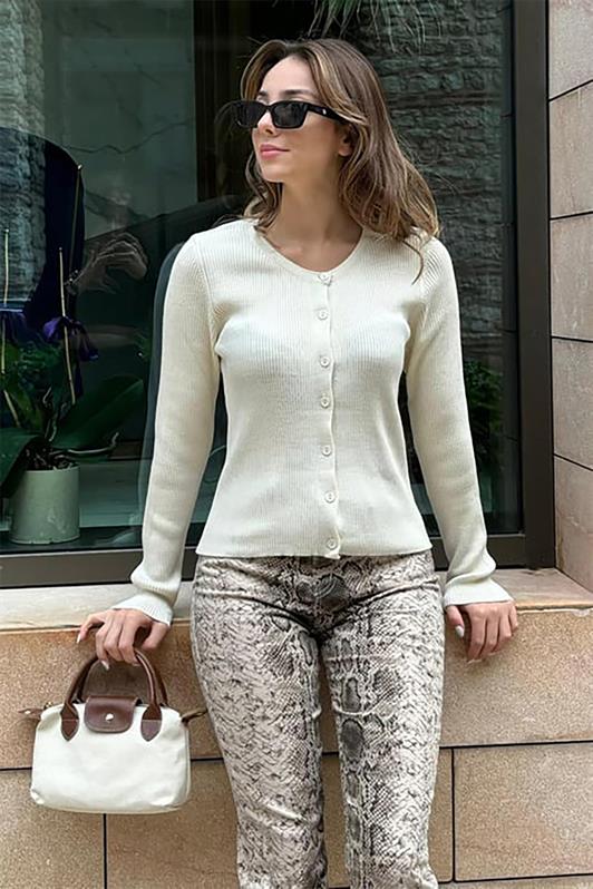 MDX Ecru Buttoned Long Sleeve Knit Cardigan MG2218 - Bayonne