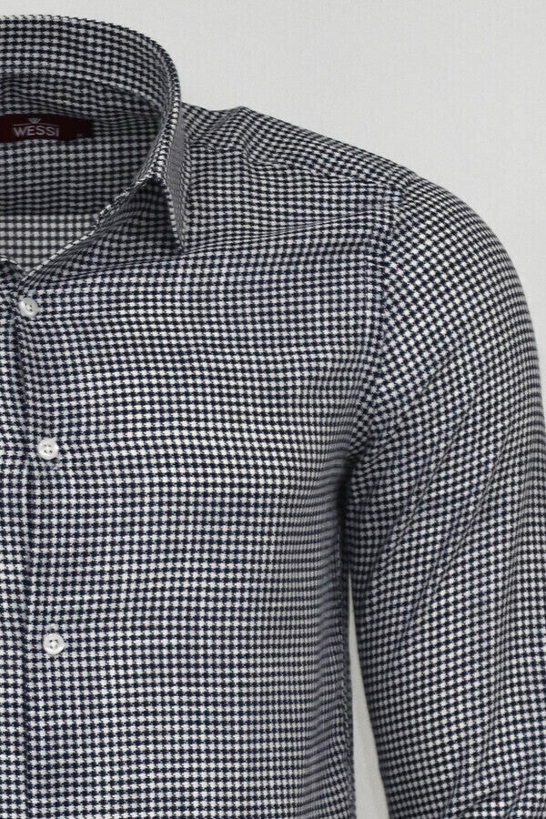 WSS Houndstooth Pattern Navy Blue Men Shirt  - Orizaba
