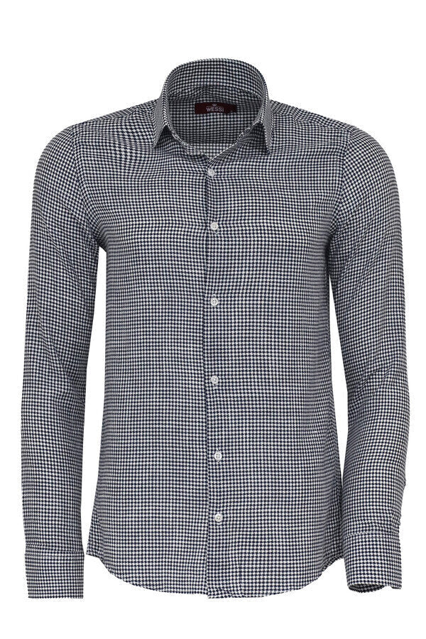 WSS Houndstooth Pattern Navy Blue Men Shirt  - Orizaba