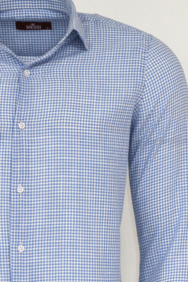 WSS Houndstooth Pattern Sky Blue Men Shirt  - Madera