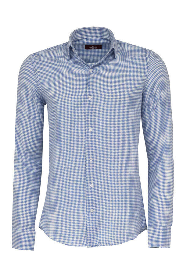 WSS Houndstooth Pattern Sky Blue Men Shirt  - Madera