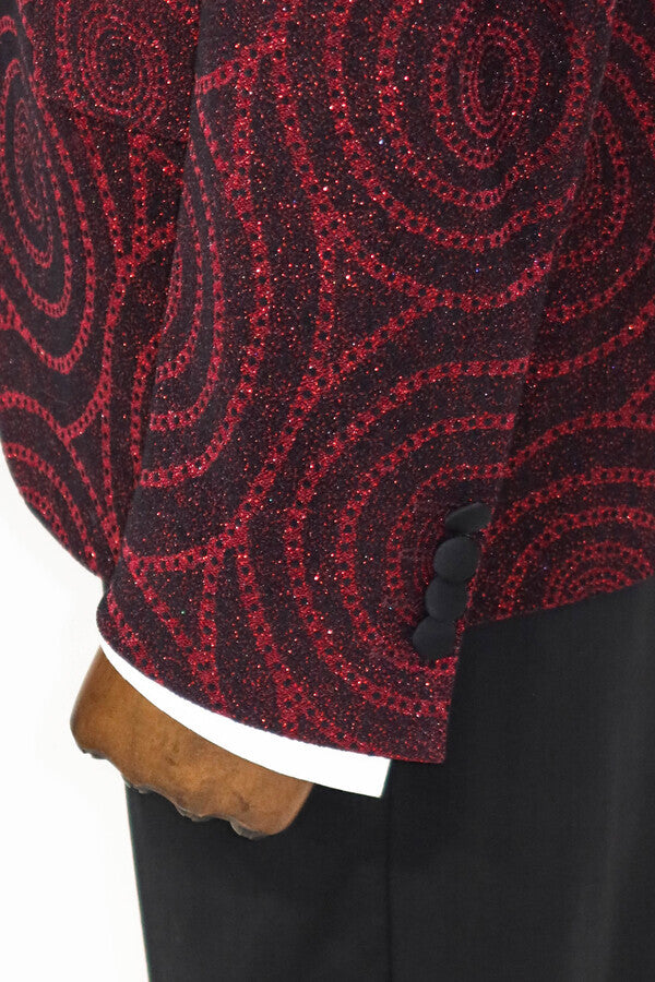 WSS Hypnose Pattern Peak Lapel Slim Fit Burgundy Men Prom Blazer  - Singen
