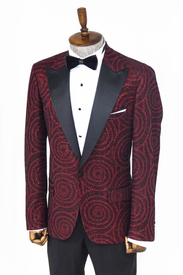 WSS Hypnose Pattern Peak Lapel Slim Fit Burgundy Men Prom Blazer  - Singen