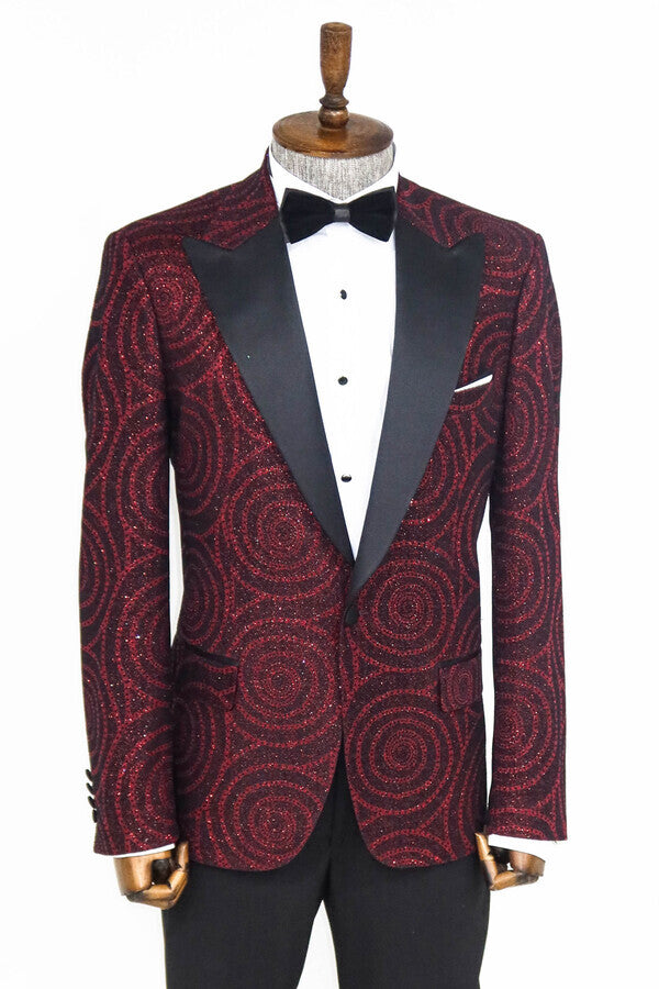 WSS Hypnose Pattern Peak Lapel Slim Fit Burgundy Men Prom Blazer  - Singen