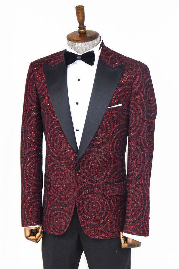 WSS Hypnose Pattern Peak Lapel Slim Fit Burgundy Men Prom Blazer  - Singen