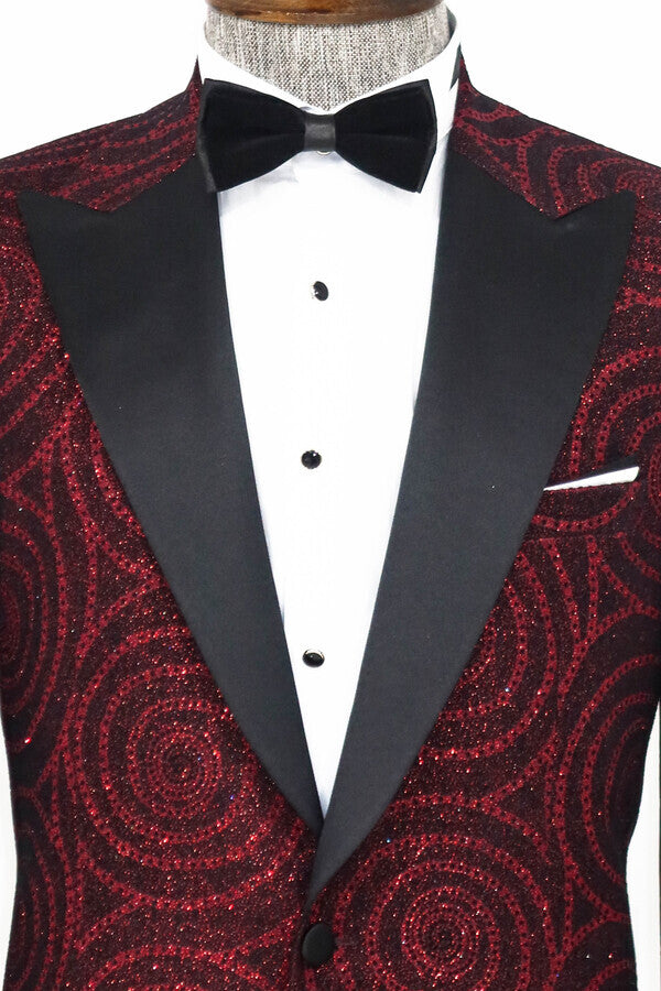 WSS Hypnose Pattern Peak Lapel Slim Fit Burgundy Men Prom Blazer  - Singen