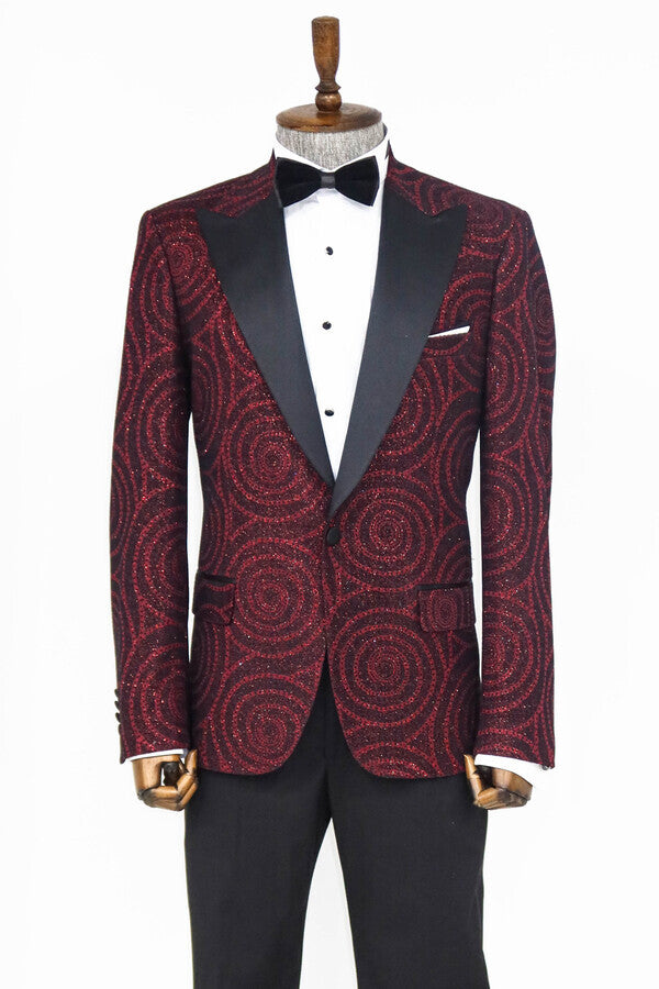 WSS Hypnose Pattern Peak Lapel Slim Fit Burgundy Men Prom Blazer  - Singen