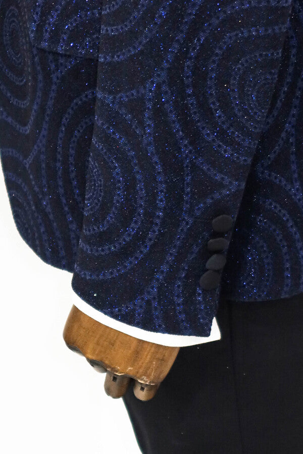 WSS Hypnose Pattern Peak Lapel Slim Fit Navy Blue Men Prom Blazer  - Singen