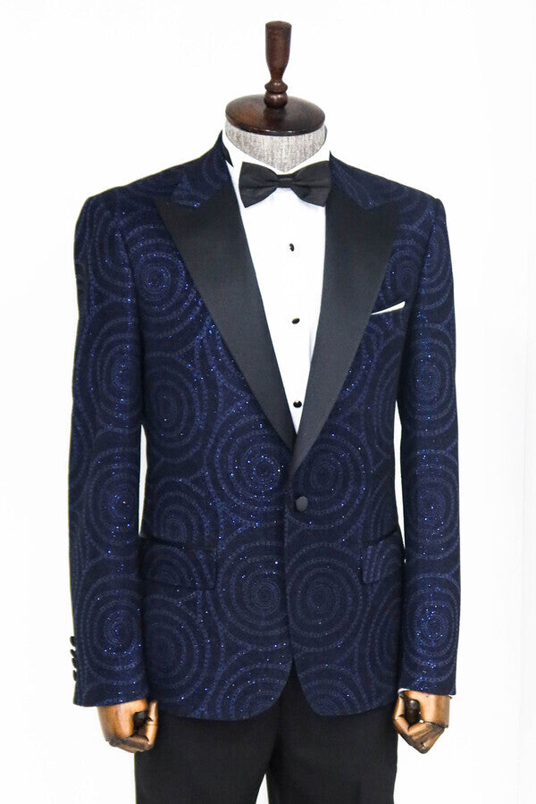 WSS Hypnose Pattern Peak Lapel Slim Fit Navy Blue Men Prom Blazer  - Singen