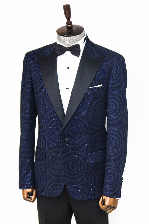 WSS Hypnose Pattern Peak Lapel Slim Fit Navy Blue Men Prom Blazer  - Singen