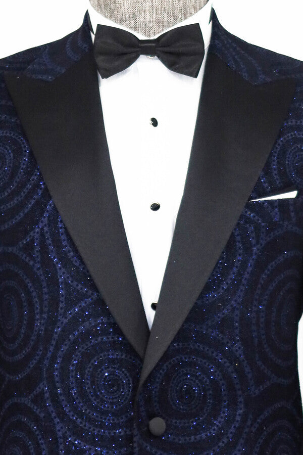 WSS Hypnose Pattern Peak Lapel Slim Fit Navy Blue Men Prom Blazer  - Singen