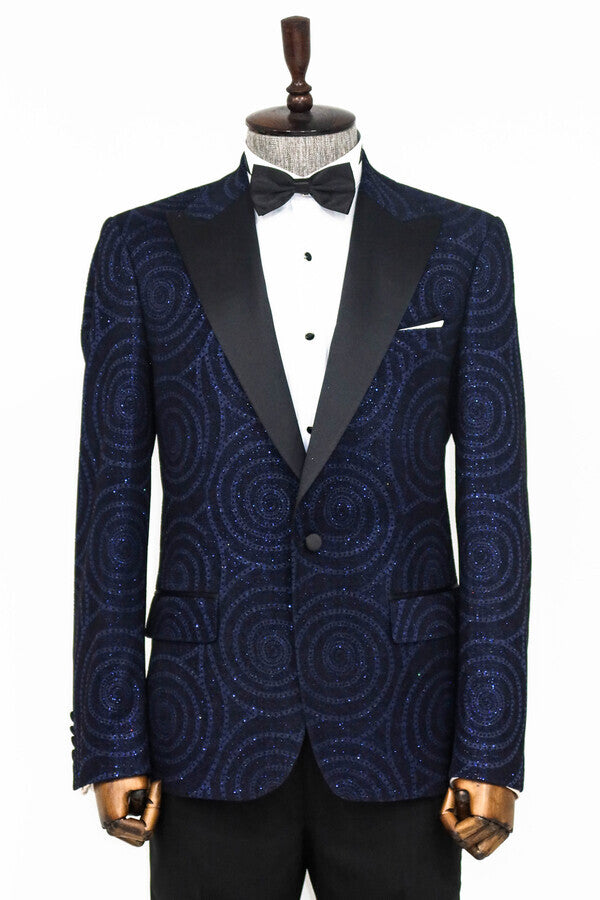 WSS Hypnose Pattern Peak Lapel Slim Fit Navy Blue Men Prom Blazer  - Singen