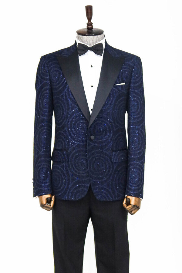 WSS Hypnose Pattern Peak Lapel Slim Fit Navy Blue Men Prom Blazer  - Singen