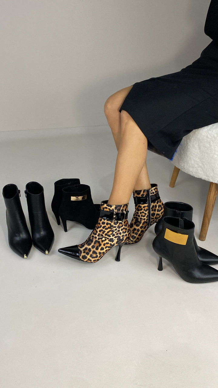 DSM Karolayn Leopard Print Black Patent Leather High Heel Women's Boots - Odesa