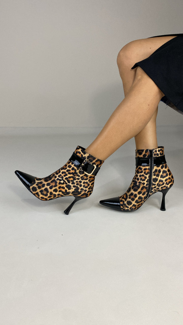 DSM Karolayn Leopard Print Black Patent Leather High Heel Women's Boots - Odesa