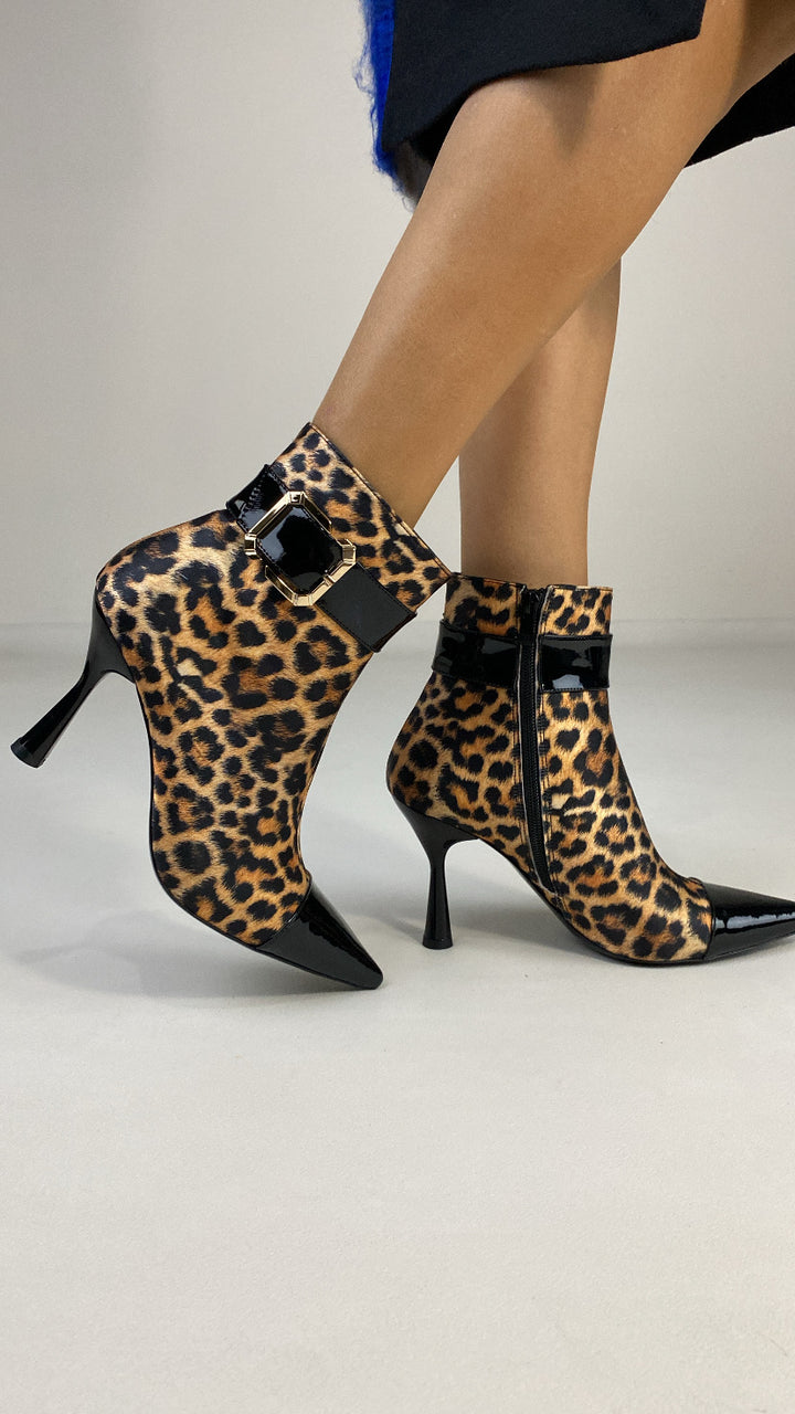 DSM Karolayn Leopard Print Black Patent Leather High Heel Women's Boots - Odesa