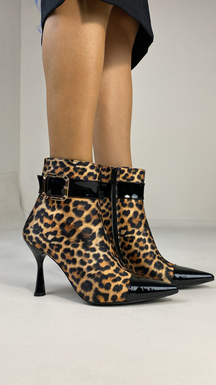 DSM Karolayn Leopard Print Black Patent Leather High Heel Women's Boots - Odesa