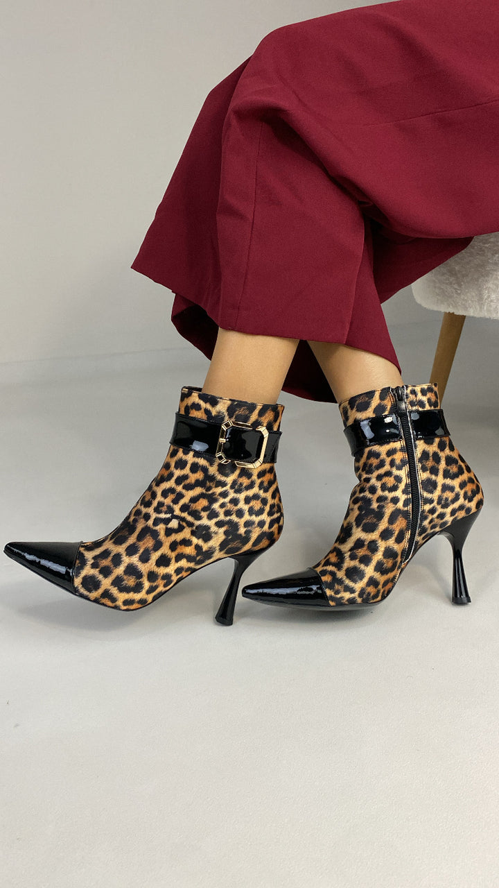 DSM Karolayn Leopard Print Black Patent Leather High Heel Women's Boots - Odesa