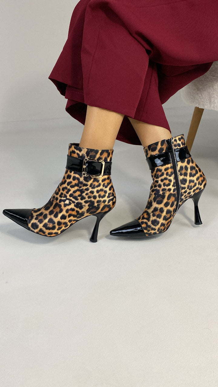 DSM Karolayn Leopard Print Black Patent Leather High Heel Women's Boots - Odesa