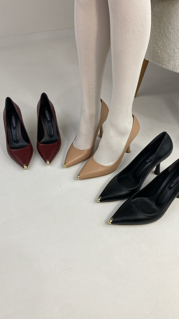 DSM Piya Stiletto Gold Nose Detailed Burgundy Leather Women's Shoes - Ciudad Mante