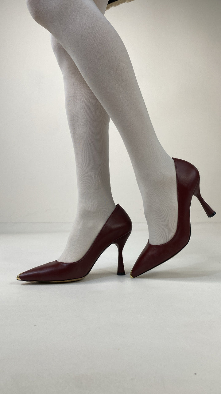 DSM Piya Stiletto Gold Nose Detailed Burgundy Leather Women's Shoes - Ciudad Mante