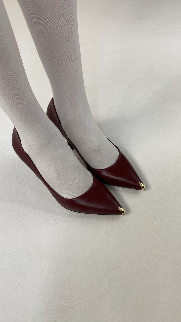 DSM Piya Stiletto Gold Nose Detailed Burgundy Leather Women's Shoes - Ciudad Mante