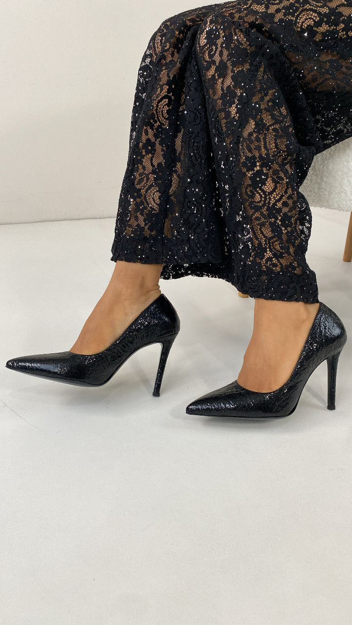 DSM Lili Stiletto Black Embossed Heeled Women's Shoe - Nocera Inferiore