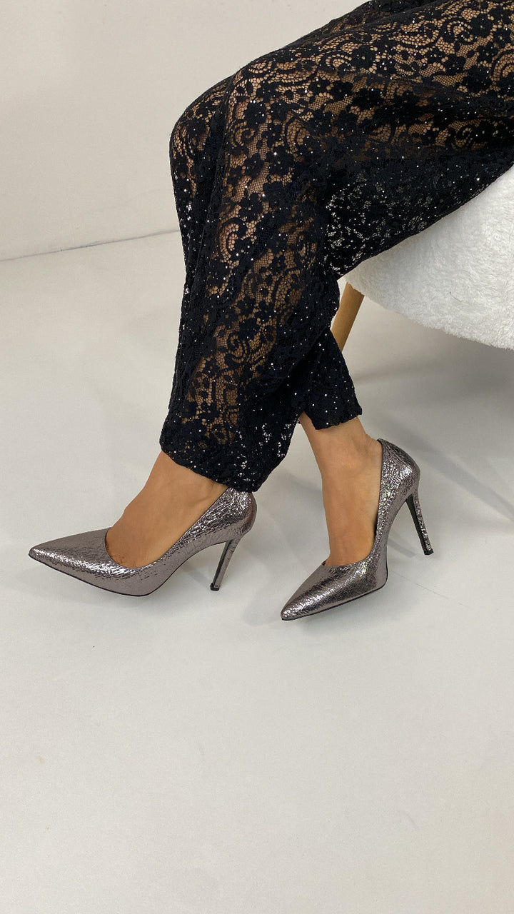 DSM Lili Stiletto Ankle Strap Silver Embossed Heeled Women's Shoes - Wichita Falls
