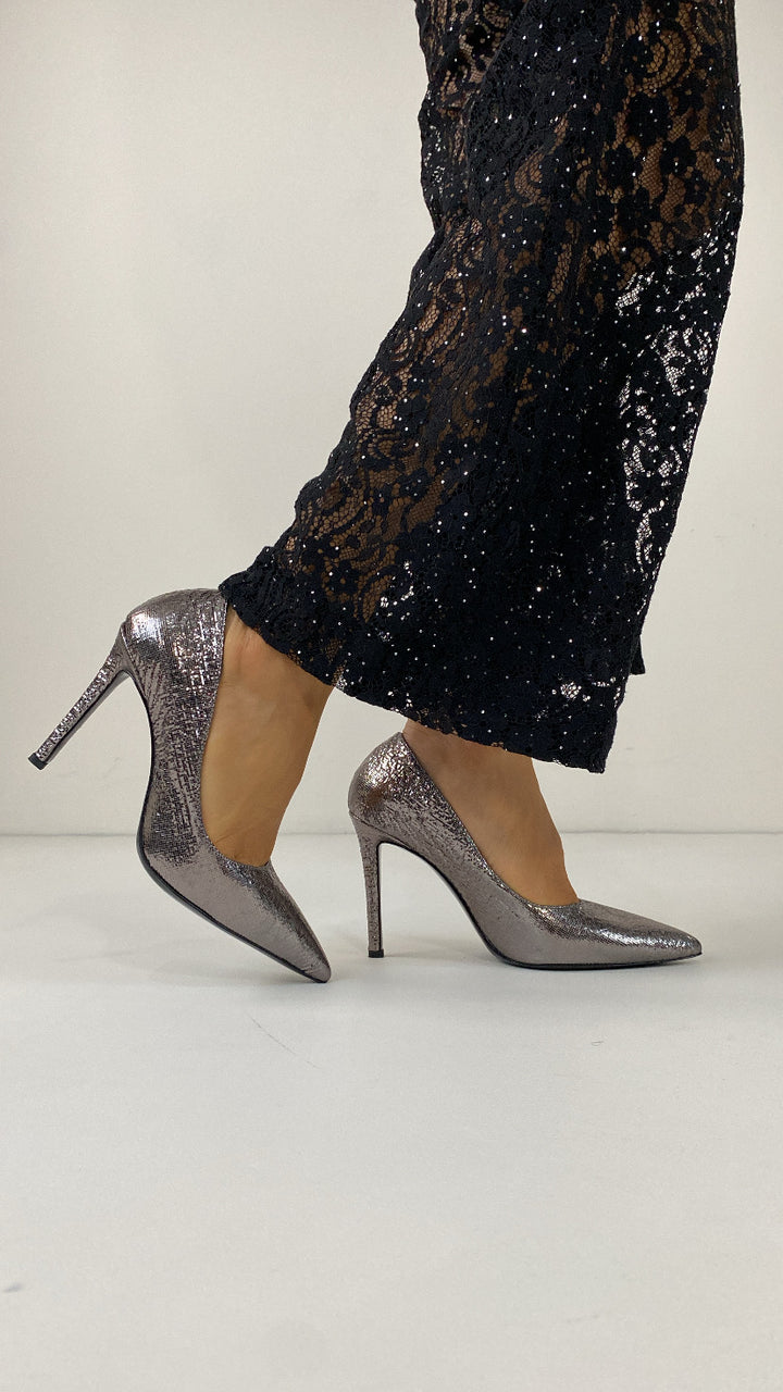 DSM Lili Stiletto Ankle Strap Silver Embossed Heeled Women's Shoes - Wichita Falls